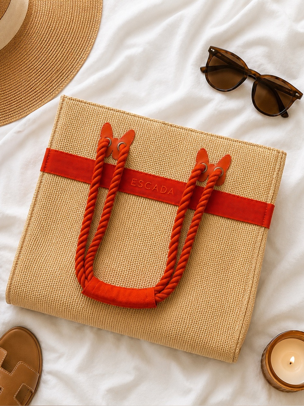 Escada Beige & Orange Woven Tote Bag
